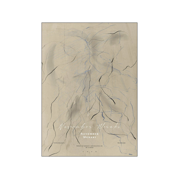 An abstract composition of flowing, delicate lines in charcoal and soft blue drawn over a neutral, textured background, evoking a sense of organic movement and serene elegance.