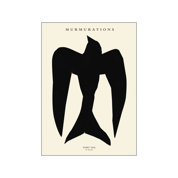 An abstract artwork depicting a stylized black bird in flight with outstretched wings against a soft, neutral cream background, conveying a sense of motion and organic grace.