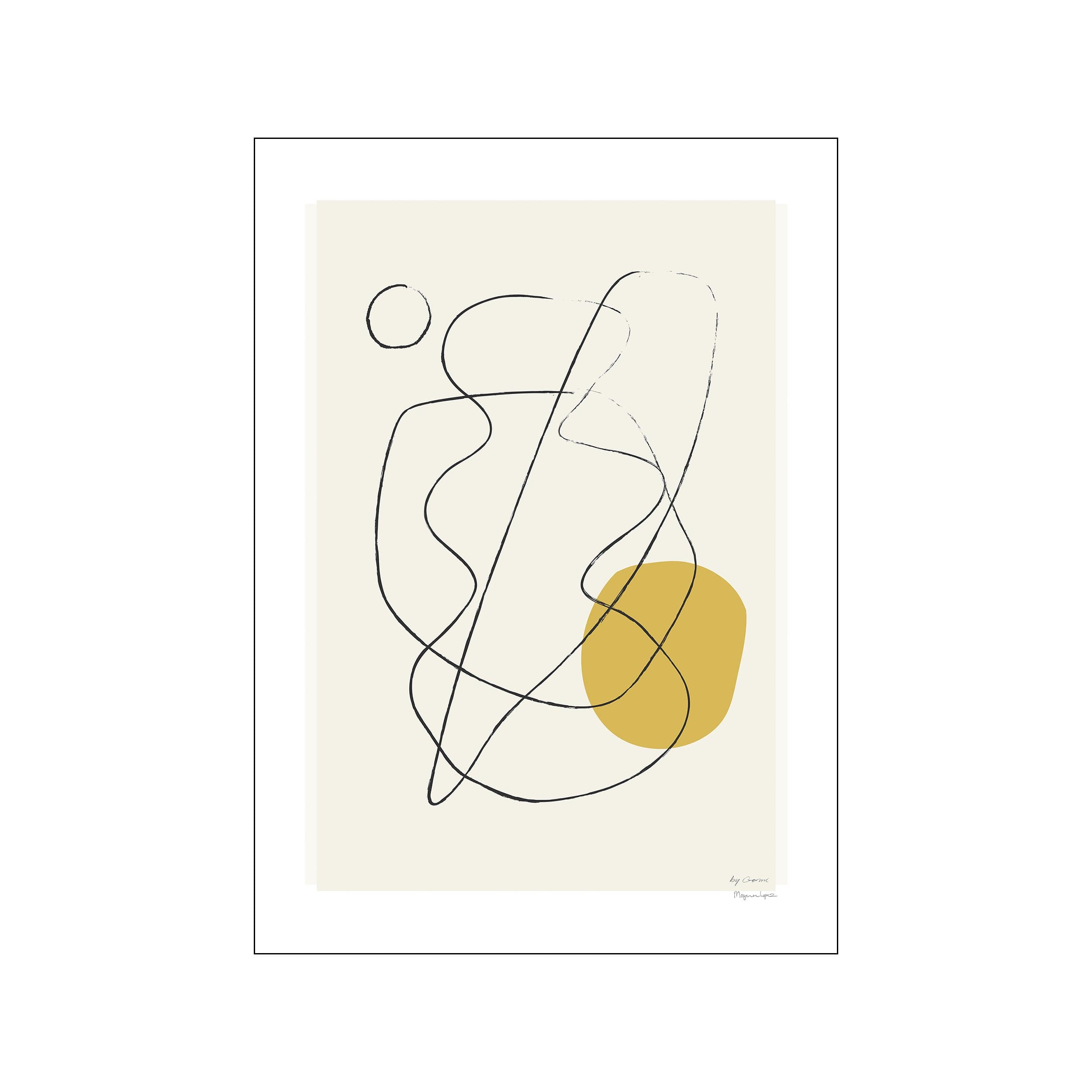 An abstract composition featuring fluid black ink lines and a single, solid ochre circle against a creamy, off-white background, evoking a sense of calm and modern elegance.