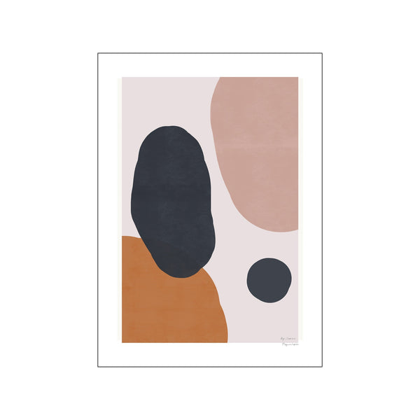 An abstract composition featuring organic shapes in a palette of muted blush, warm terracotta, and deep indigo. The artwork exudes a calm, sophisticated, and modern bohemian vibe, perfect for interior decor.
