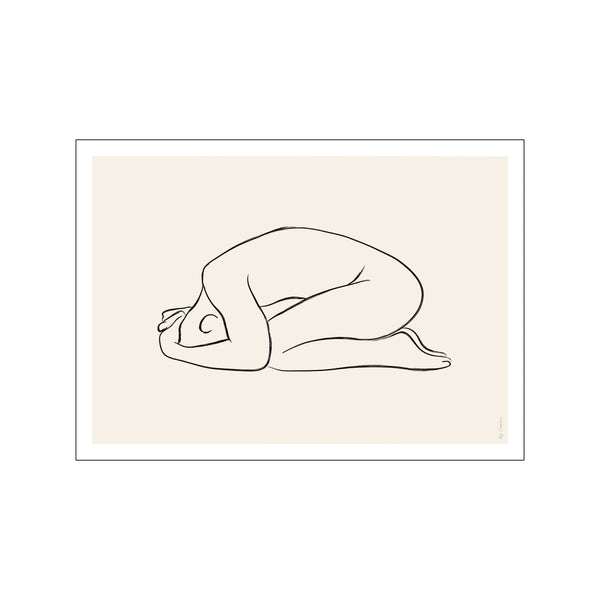 Minimalist black line drawing of a person curled up on a neutral background, conveying a sense of peaceful solitude. The simple, elegant composition enhances any bohemian or modern interior.