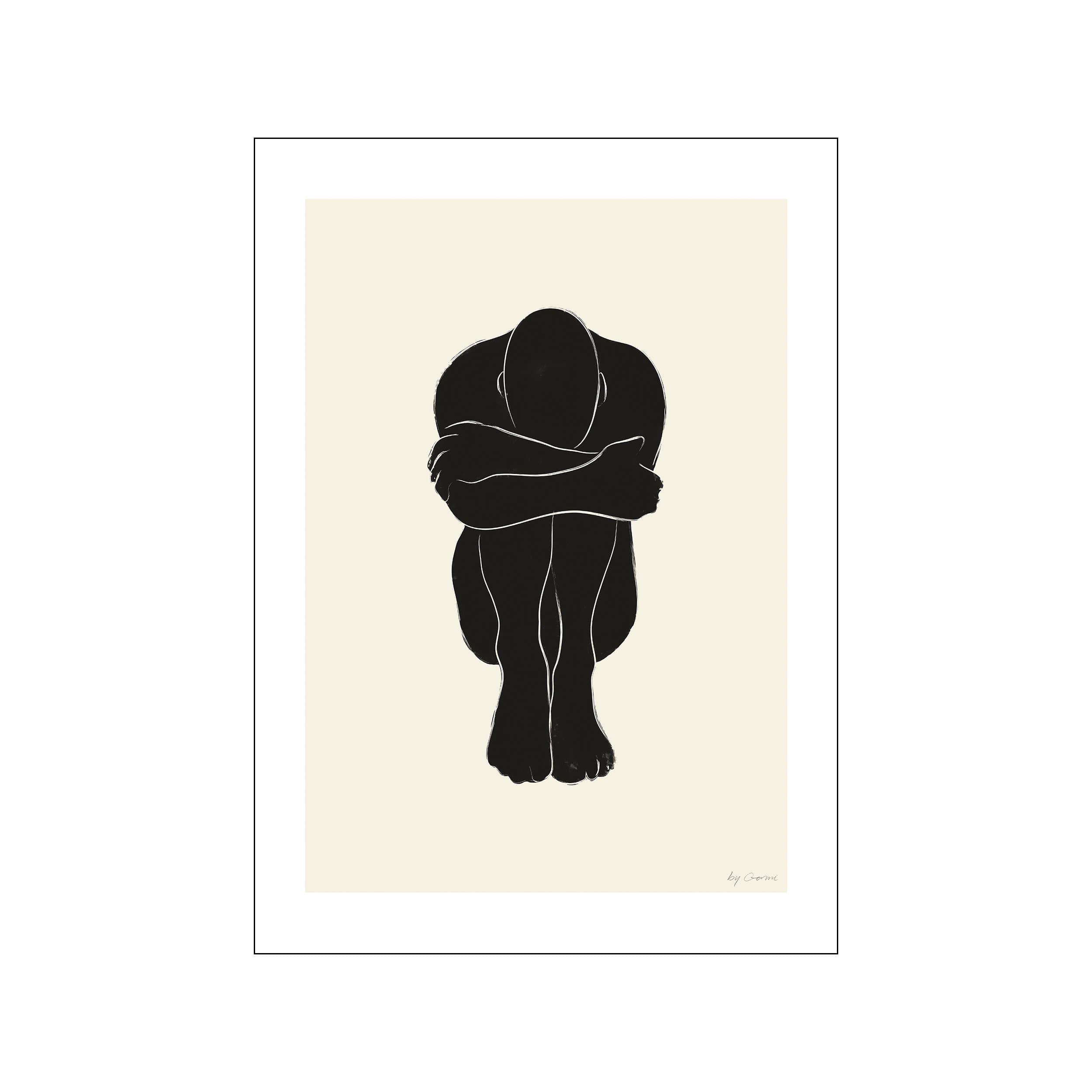 A stark, black silhouette of a person embracing themselves against a soft, creamy background. The artwork has a minimalist and introspective vibe, suggesting calm and contemplation.