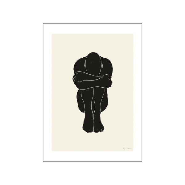 A stark, black silhouette of a person embracing themselves against a soft, creamy background. The artwork has a minimalist and introspective vibe, suggesting calm and contemplation.