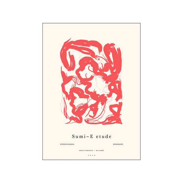 A striking abstract artwork featuring bold, gestural brushstrokes in a vibrant coral hue against a soft, creamy background. The piece has a modern, energetic, and artistic vibe.