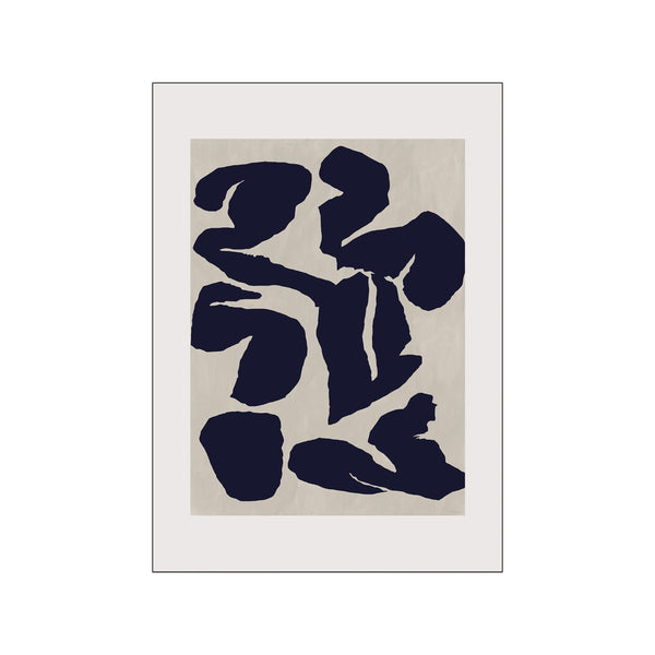 An abstract artwork featuring bold, dark navy shapes with organic, flowing edges against a light, textured neutral background. The composition has a sense of movement and balance, suggesting a modern yet earthy aesthetic.