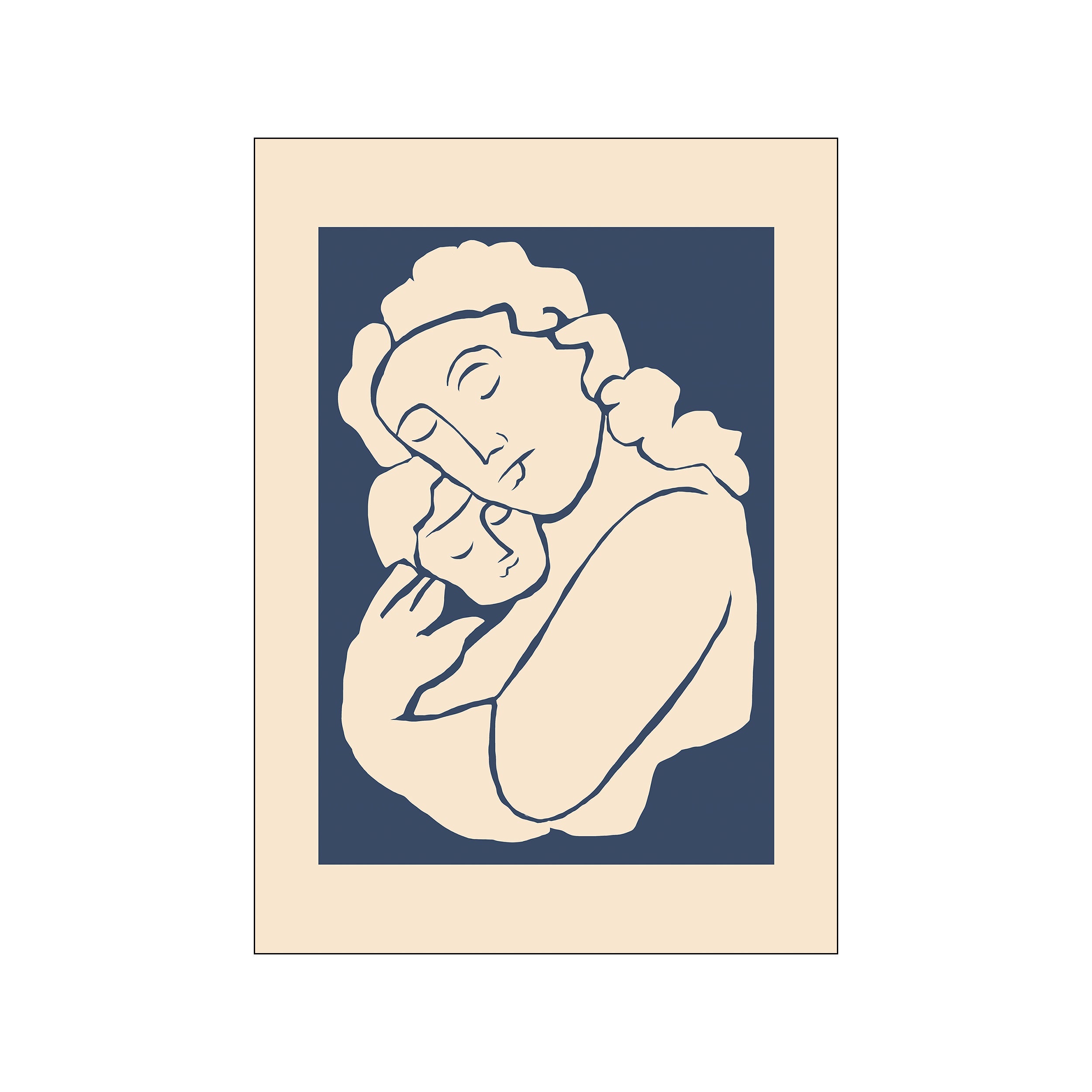 A stylized illustration of a woman holding a child close, rendered in cream and navy blue. The artwork conveys a feeling of warmth, tenderness, and peaceful connection, perfect for adding a soulful touch to your.