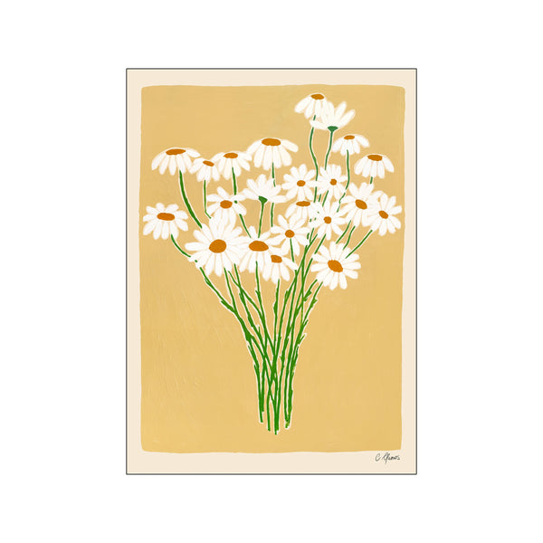 Framed artwork of white flowers with green stems on a beige background