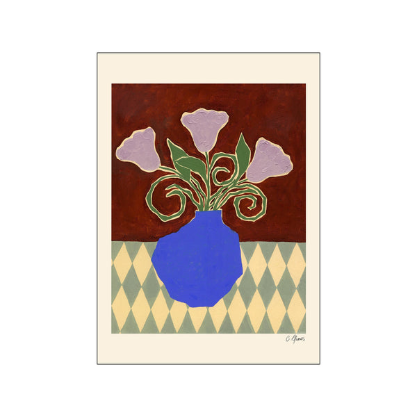 Floral Art print by Carla Llanos, with a blue vase and pink flowers on a brown and patterned green background.