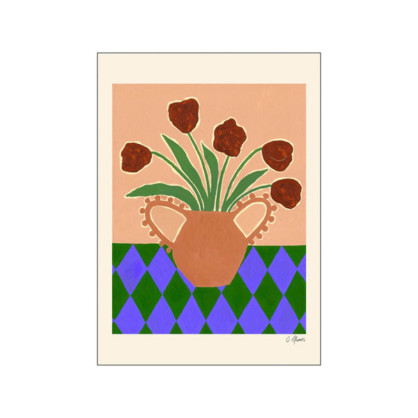 Decorative art print by Carla Llanos, with a vase of flowers and a geometric pattern on a peach background