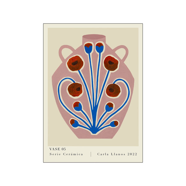 Decorative vase design with flowers on a beige background, featuring the text 'VASE 05 Serie Ceramica Carla Llanos 2022'.