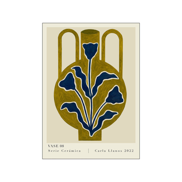 Decorative vase design with blue flowers on a beige background, featuring the text 'VASE 08 Serie Cerámica Carla Llanos 2022'.