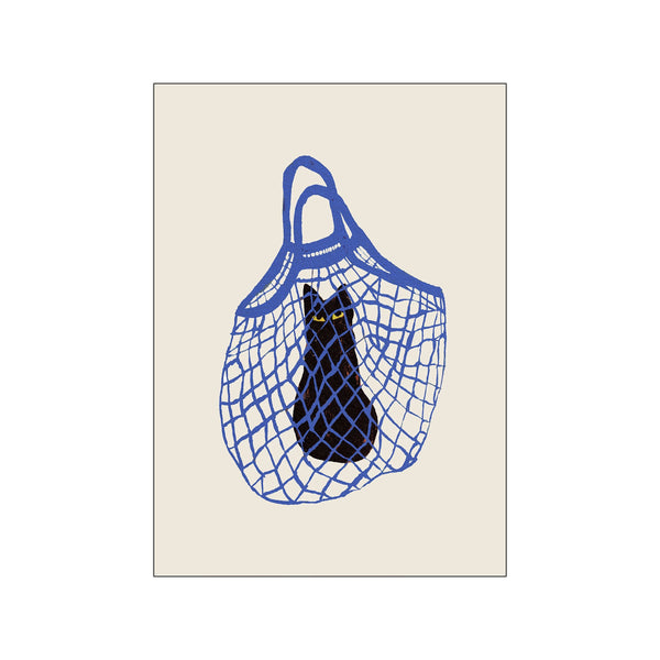 A black cat with bright yellow eyes peeks out from a hand-drawn cobalt blue net bag against a creamy, neutral background, adding a touch of playful mystery.