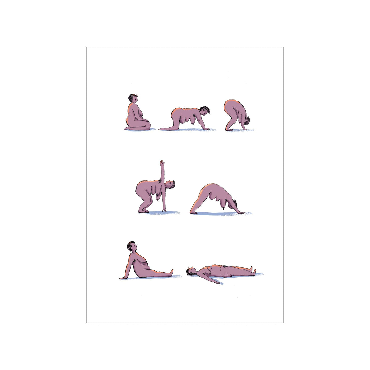 Minimal figure study of a woman in six yoga poses on a white background