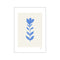 A minimalist illustration of a single blue flower with a stem and leaves, painted with a brushstroke texture on a cream background. Its simple yet elegant design adds a touch of calm sophistication to a.