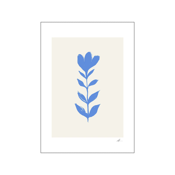 A minimalist illustration of a single blue flower with a stem and leaves, painted with a brushstroke texture on a cream background. Its simple yet elegant design adds a touch of calm sophistication to a.