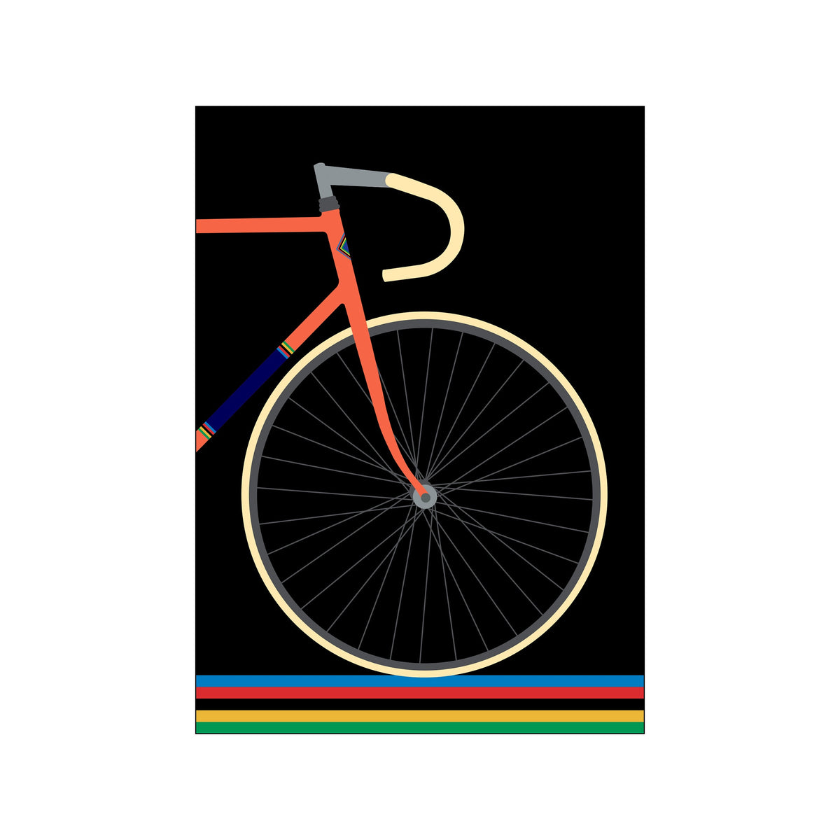 Minimal abstract racing bicycle with black background, coral frame, and cream handlebars