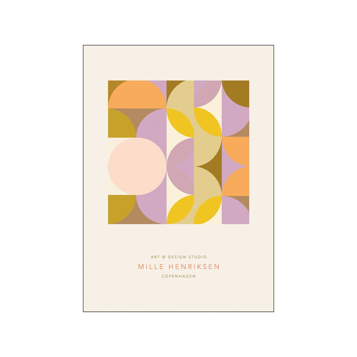 Abstract geometric print with pastel circles, arcs, and warm ochre and lilac blocks