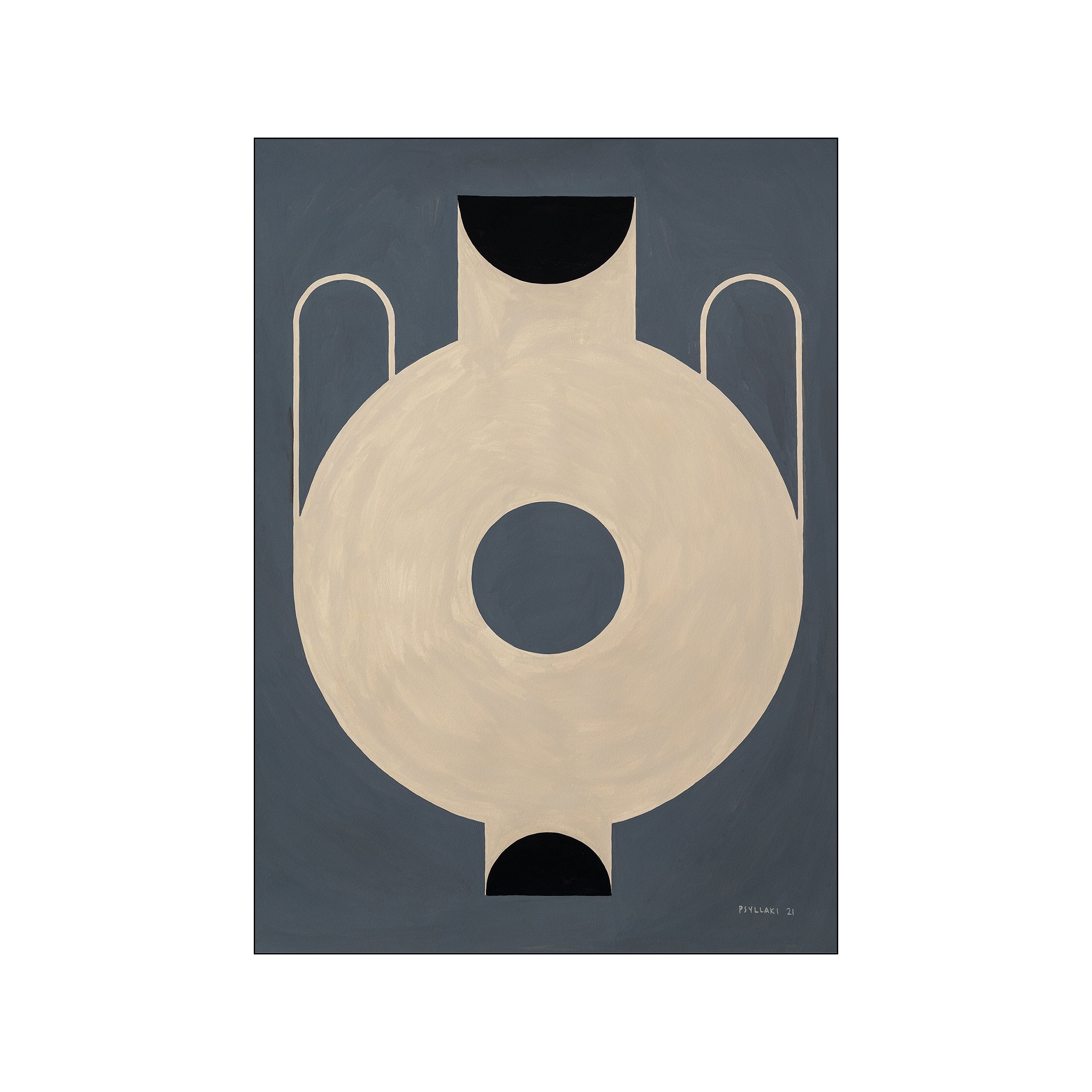 A minimalist painting featuring a cream-colored circular vase with black accents on a deep blue background. The artwork has an artistic and serene vibe.