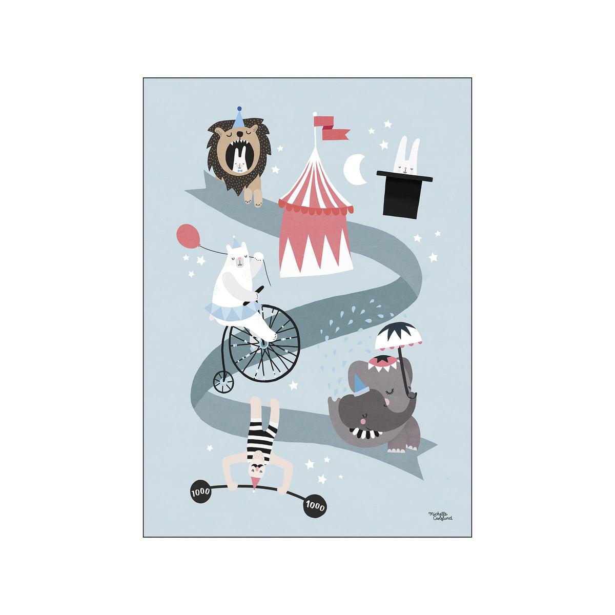A charming illustration by Michelle Carlslund featuring whimsical circus animals like a lion, bear, and elephant in playful poses on a soft blue background with a pink and white circus tent.