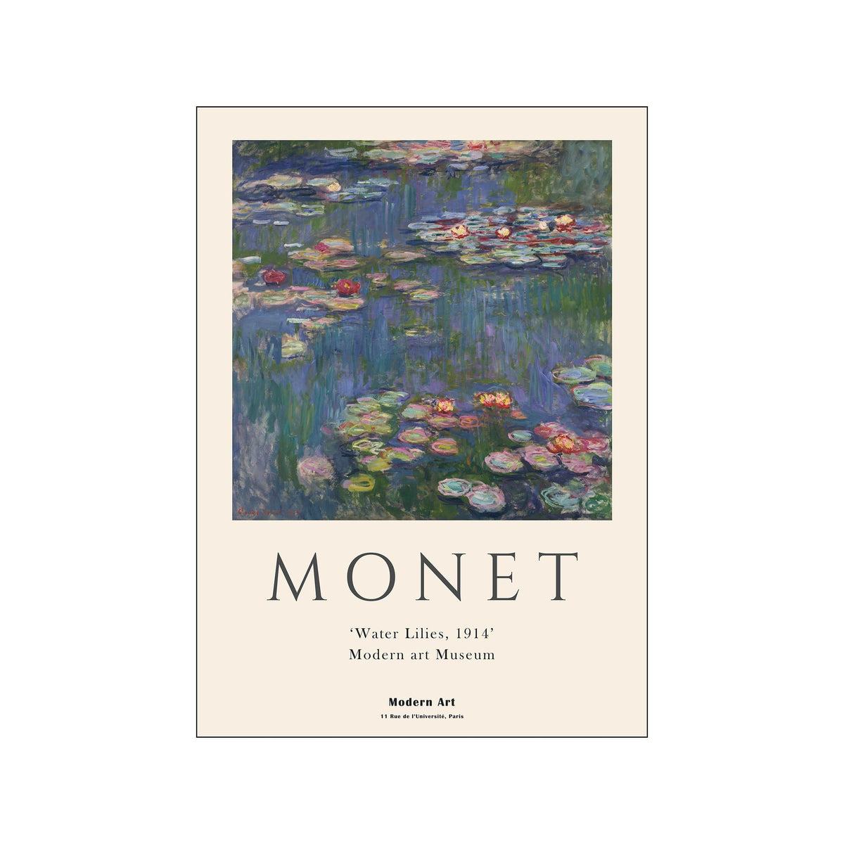 Monet Water Lilies poster with blue pond, pink blossoms, and museum-style typography