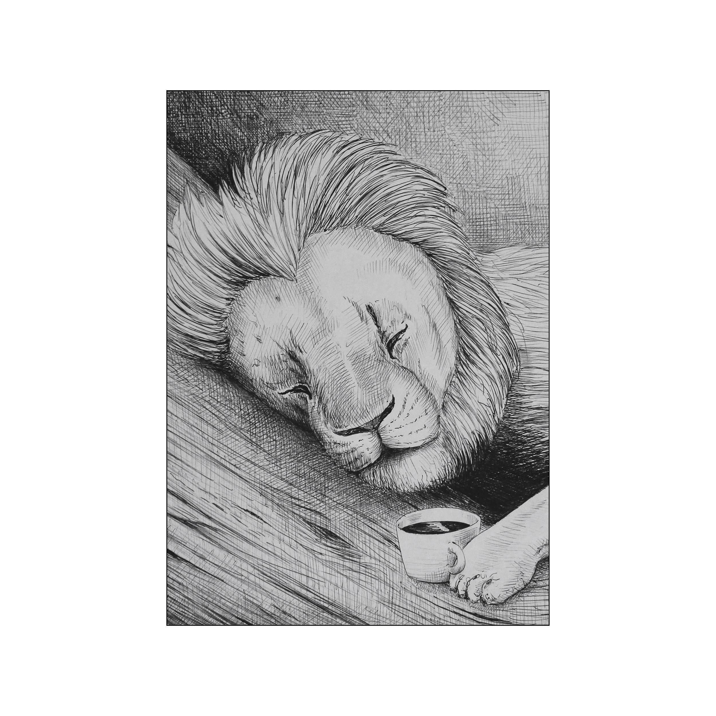 A black and white sketch of a majestic lion sleeping peacefully with a delicate teacup resting near its paw, rendered with intricate hatching techniques, creating a serene and artistic vibe.