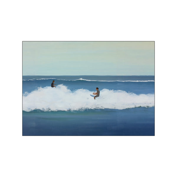 Two surfers ride gentle waves under a soft sky. The artwork features a cool palette of blues, with textured whitecaps and a serene ocean horizon.
