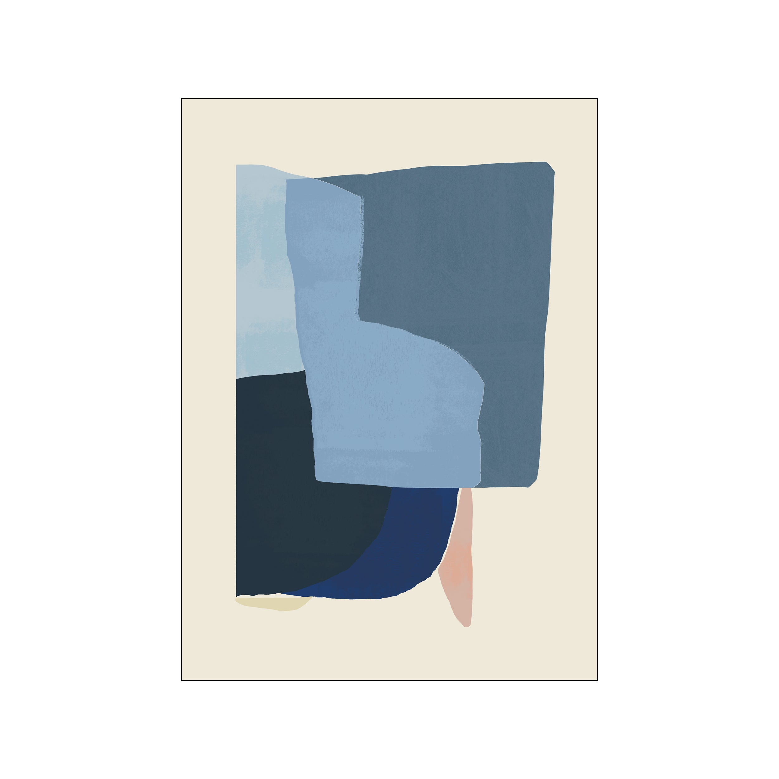 Abstract composition with layered shapes in shades of indigo, blue, blush pink, and cream, conveying a sense of calm and depth.