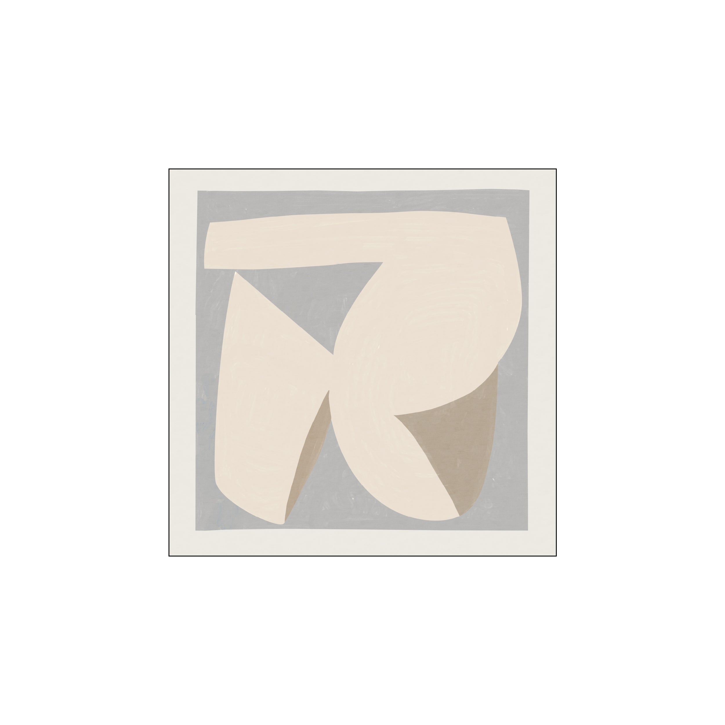 An abstract artwork with soft, rounded shapes in creamy beige and muted grey tones, arranged harmoniously against a soft grey background within a thin white border.