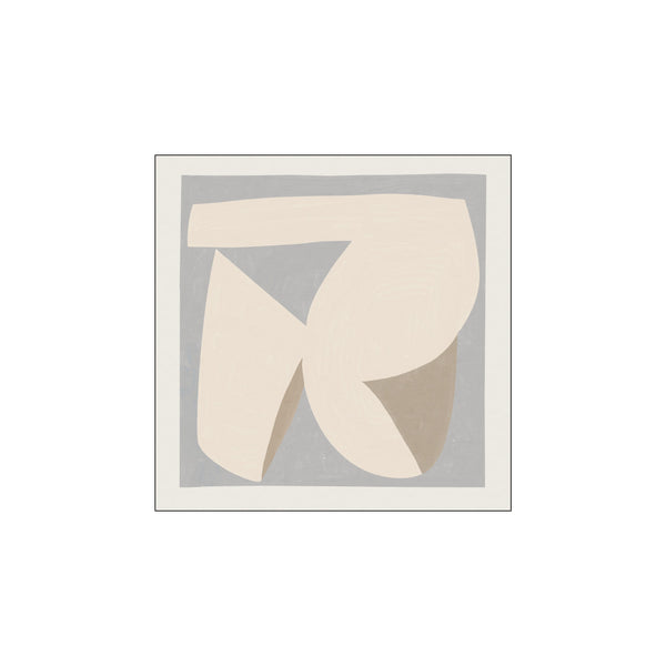 An abstract artwork with soft, rounded shapes in creamy beige and muted grey tones, arranged harmoniously against a soft grey background within a thin white border.