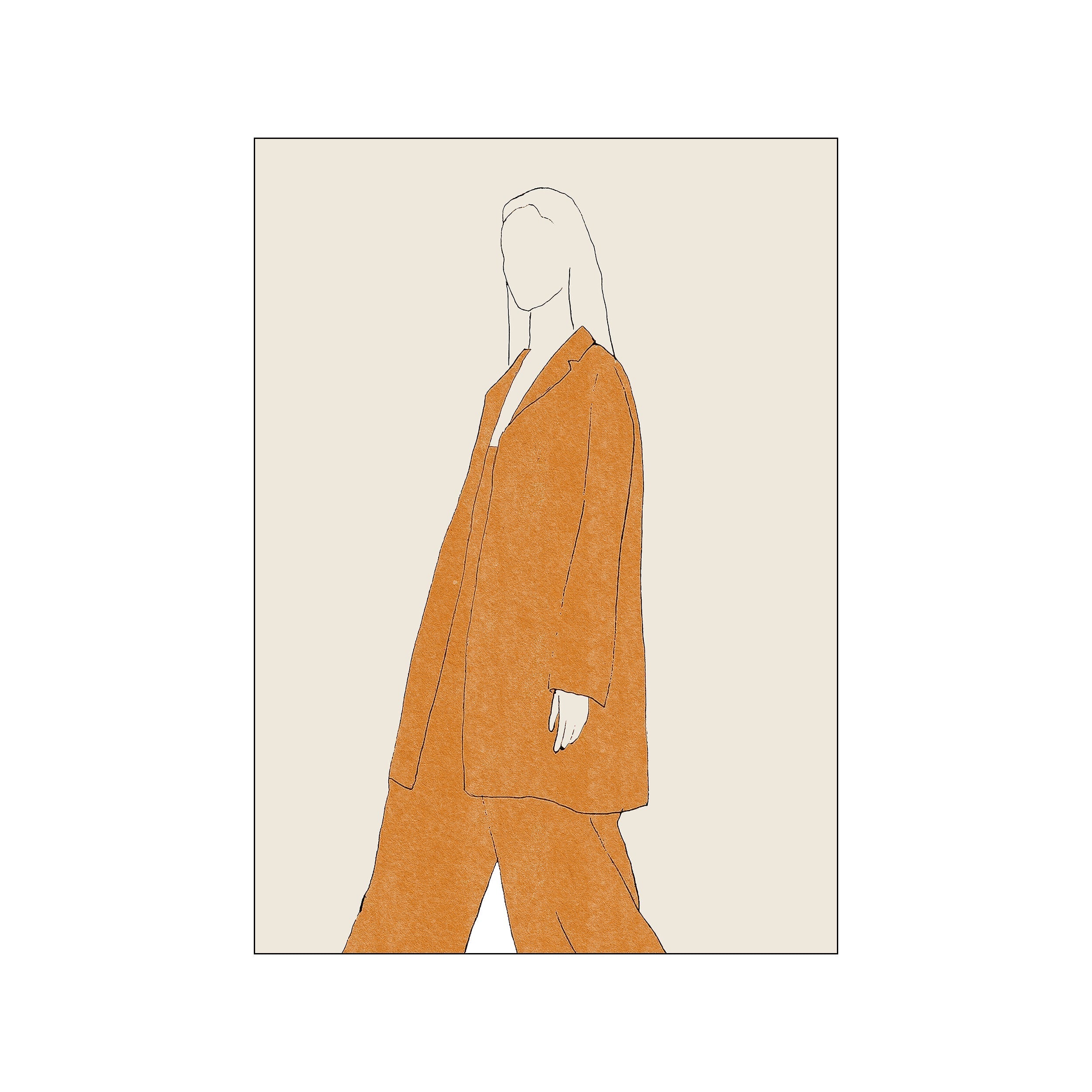 A minimalist art piece showing a figure from the neck down, wearing a textured burnt-orange suit and pants, rendered with simple black line art on a cream background.