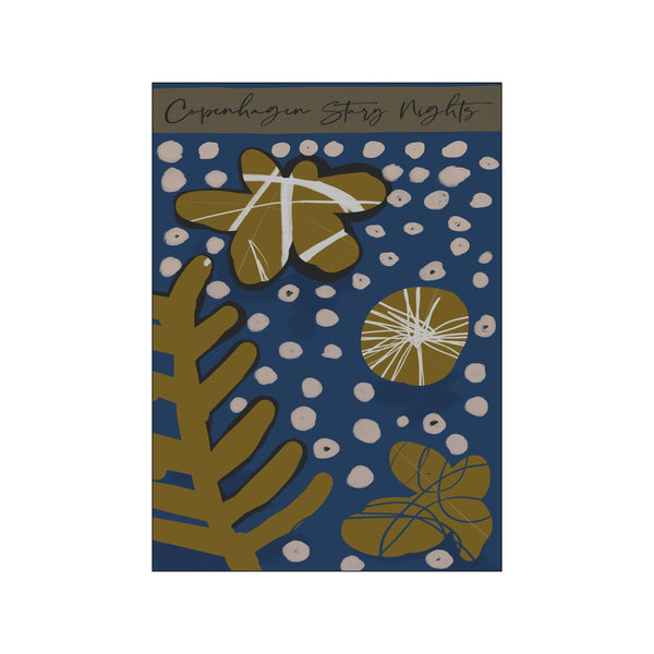 Abstract artwork with a deep blue background, featuring organic ochre shapes like flowers and leaves, interspersed with soft blush dots and delicate white line details, evoking a calm, starry night.