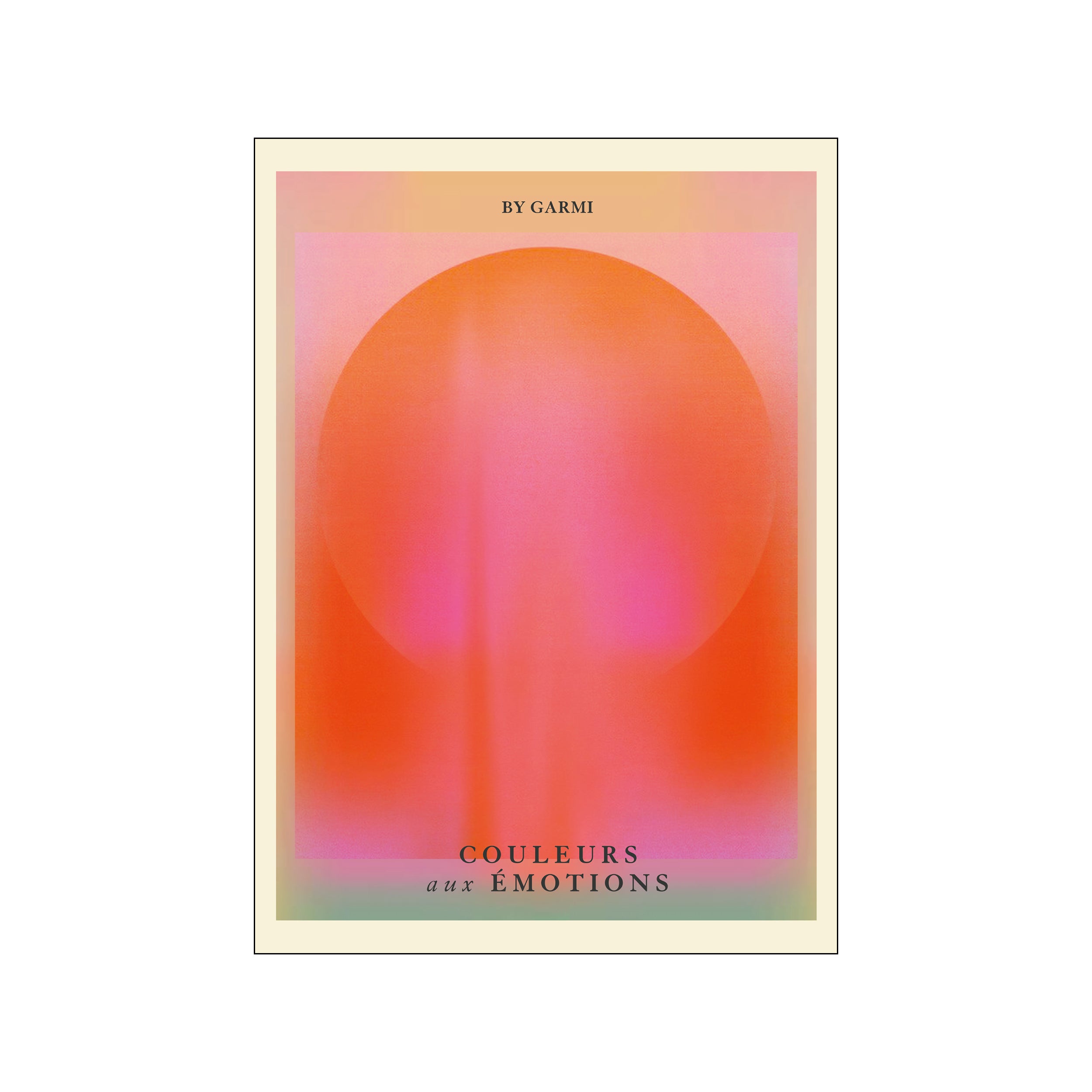 A vibrant abstract artwork featuring a large, soft circle in gradients of orange, pink, and coral, set against a softly muted background, evoking a warm sunset.