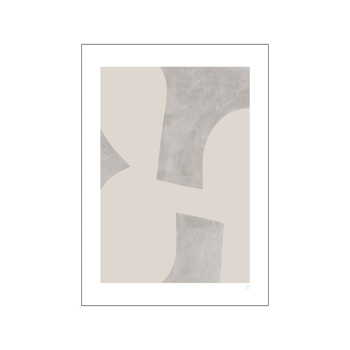 Minimal abstract print with layered beige and grey curved forms on a white background