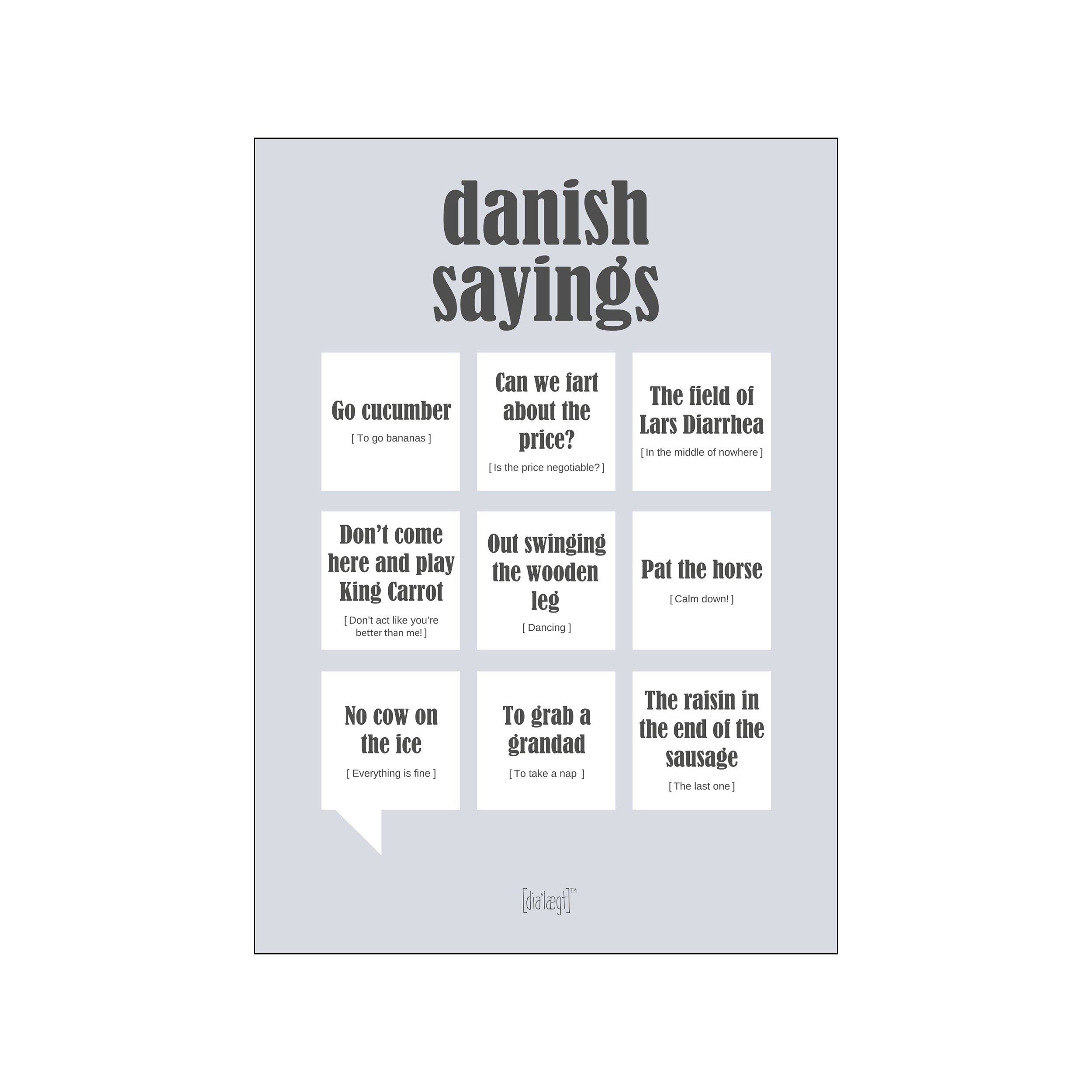 Gray typographic poster with bold title and nine humorous English phrase blocks