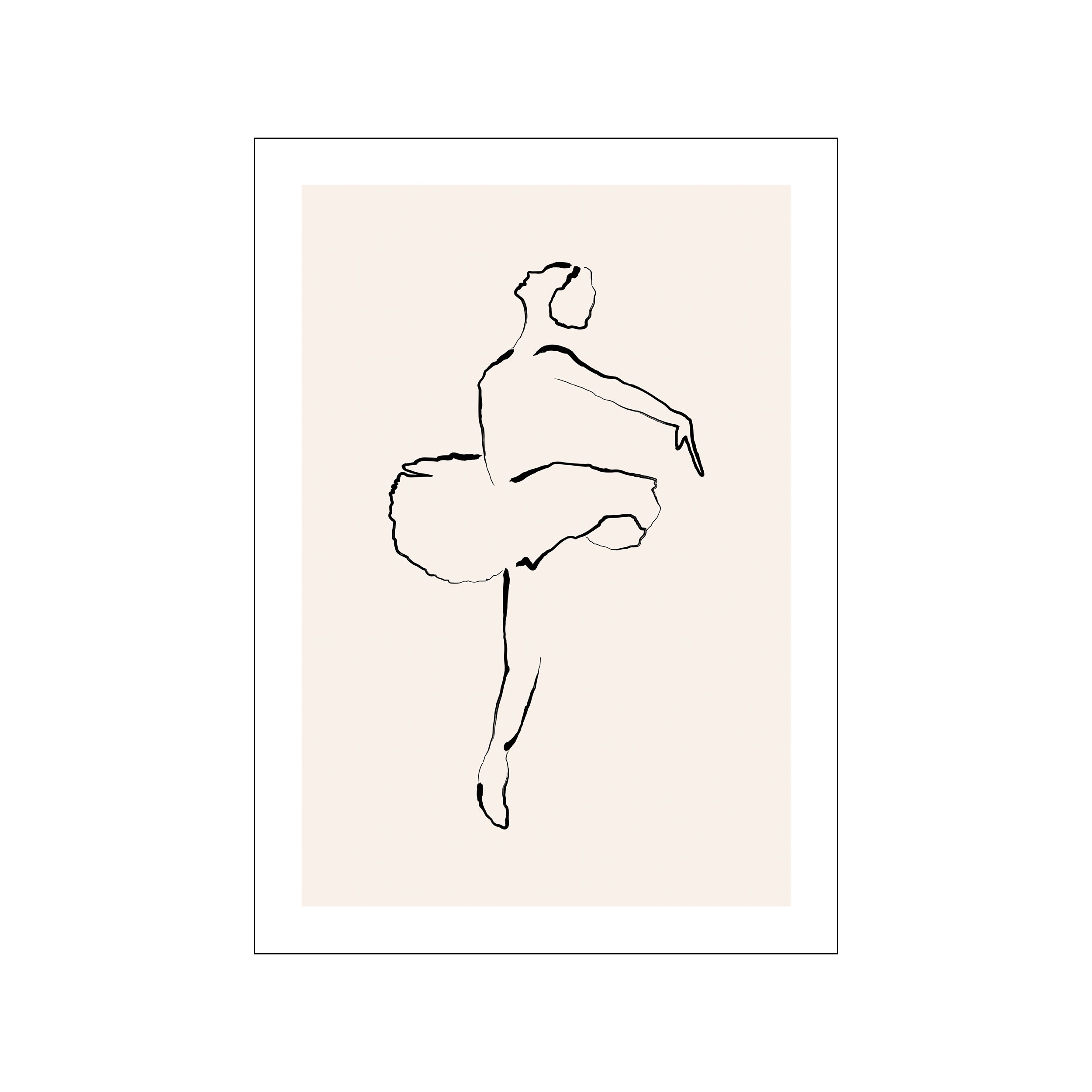 A minimalist line drawing of a female ballet dancer in a dynamic pose, with a flowing tutu, created with thick black lines on a soft, neutral background.