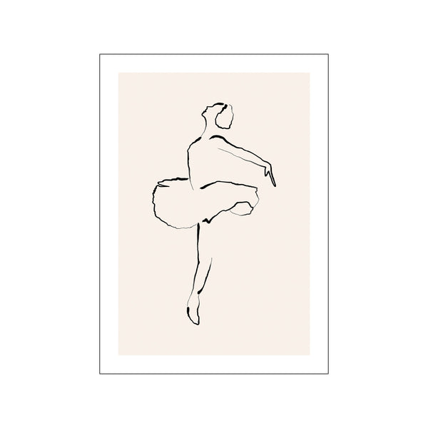 A minimalist line drawing of a female ballet dancer in a dynamic pose, with a flowing tutu, created with thick black lines on a soft, neutral background.