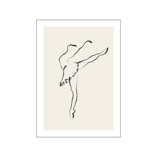 A minimalist line drawing of a ballet dancer in a graceful pose, rendered in bold black ink against a soft, creamy background, conveying elegance and movement.
