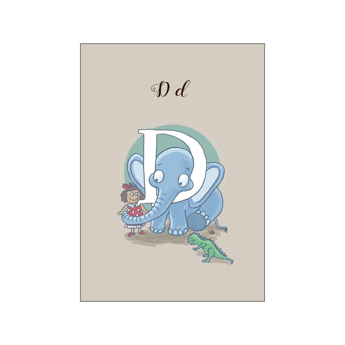 A whimsical children's illustration featuring a light blue elephant playfully interacting with a doll and a green dinosaur, centered around the letter 'D' on a taupe background.