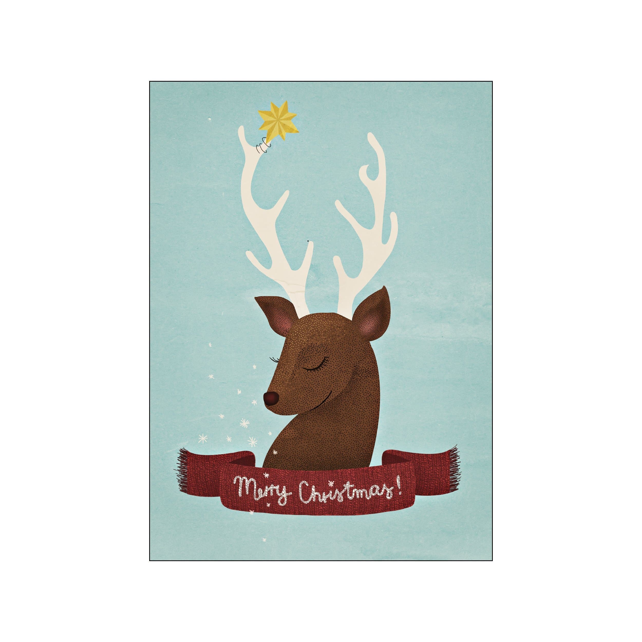 A whimsical illustration of a brown deer wearing a red scarf and holding a golden star on its antler, set against a soft blue background with subtle snowflakes.