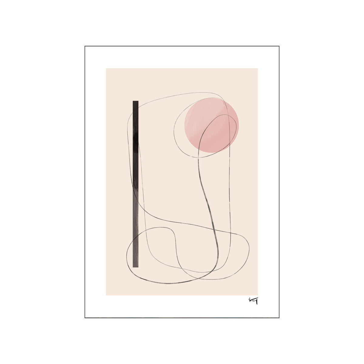 Minimal abstract print with blush circle, charcoal linework, and cream background
