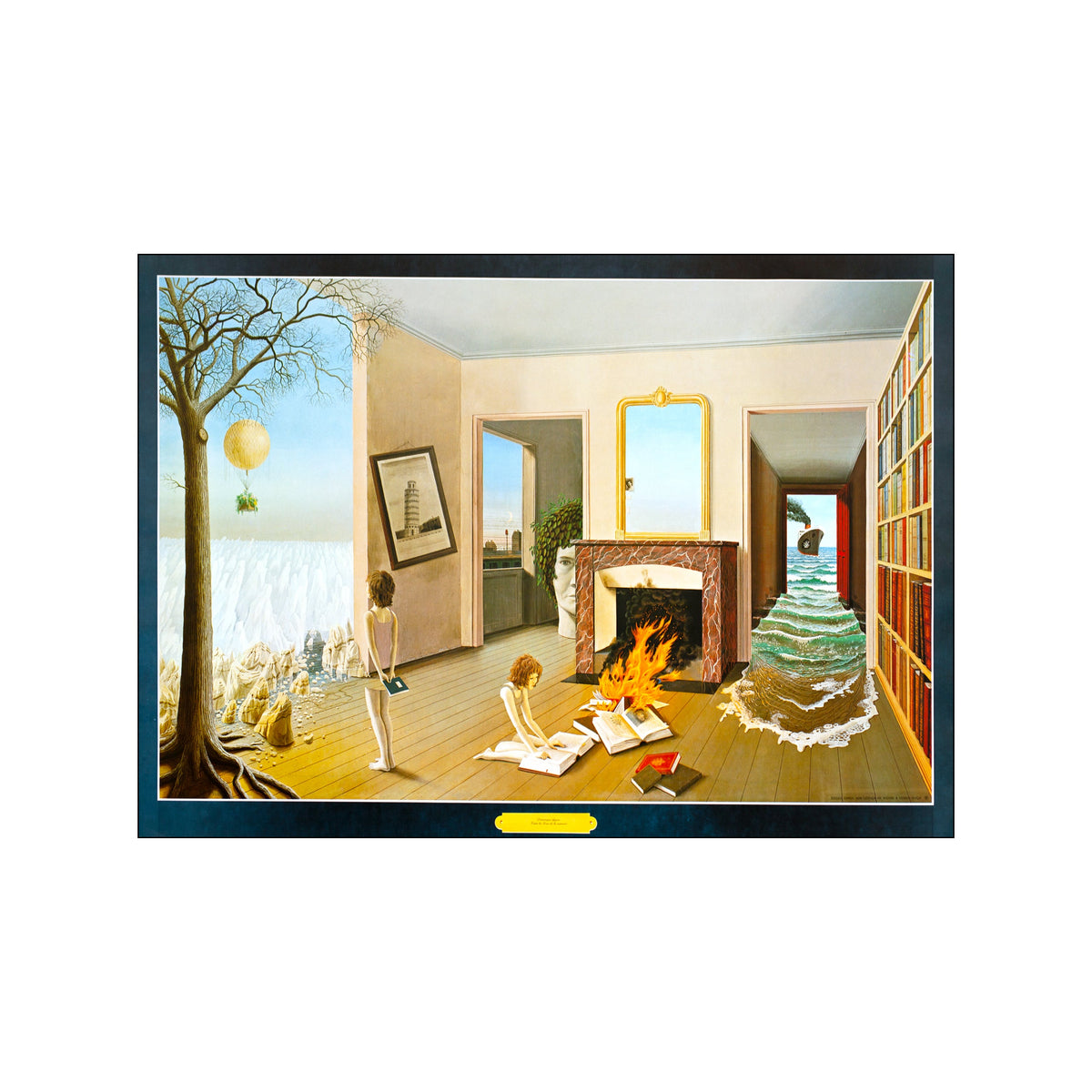 Surreal room interior with tree, fireplace, books, and a sea-filled corridor