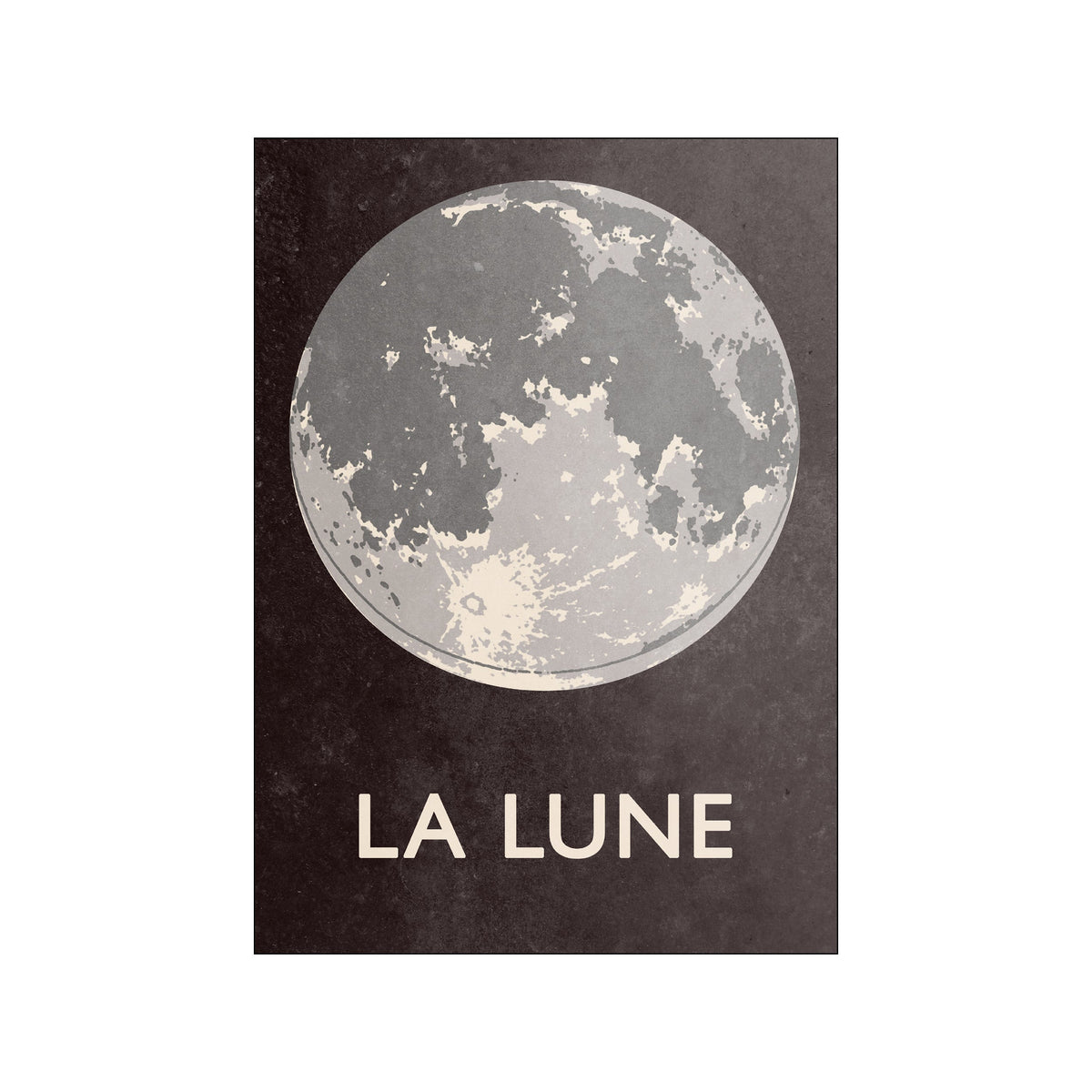 Large gray moon graphic on a dark background with the title La Lune below