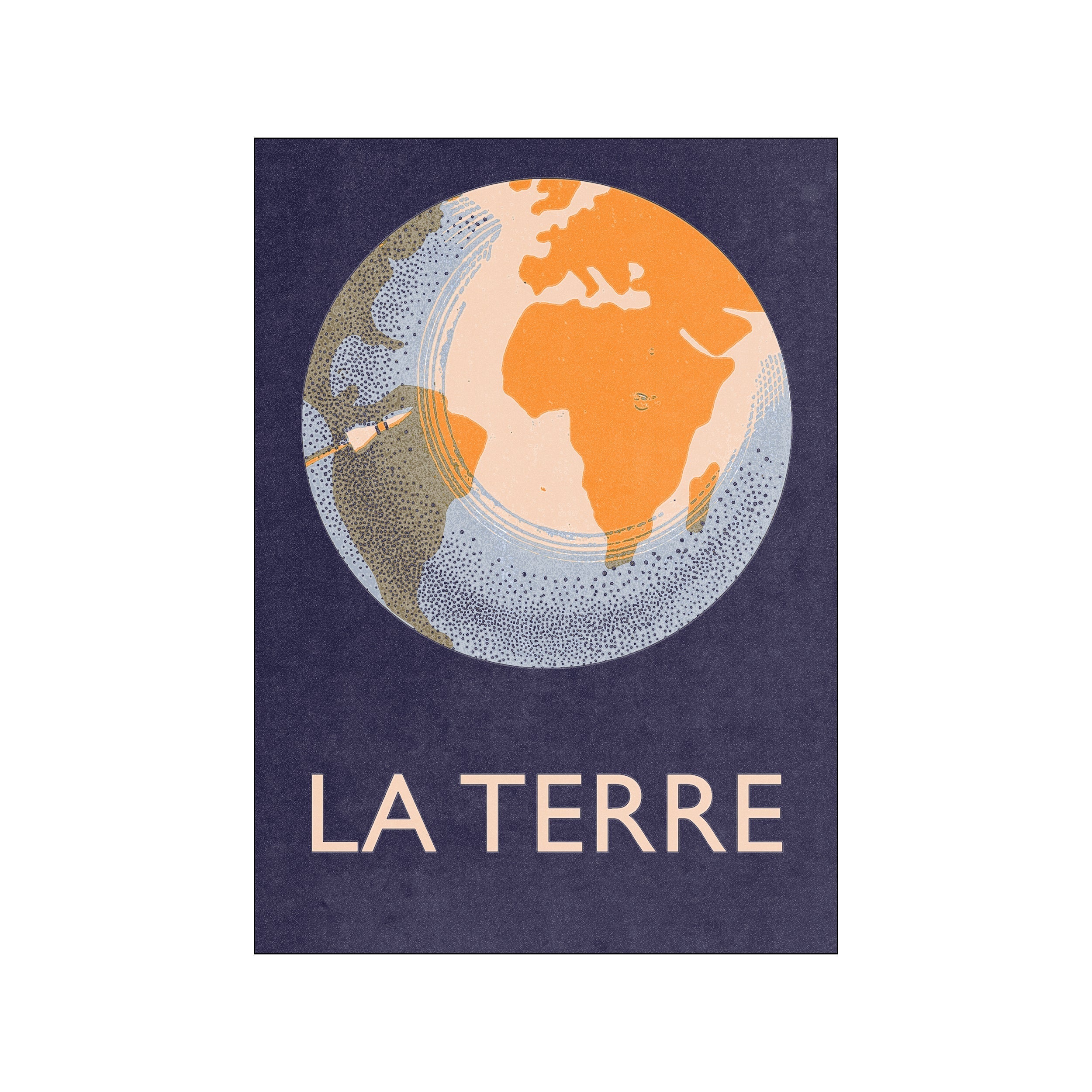Vintage-style world map print with orange continents on a deep navy background