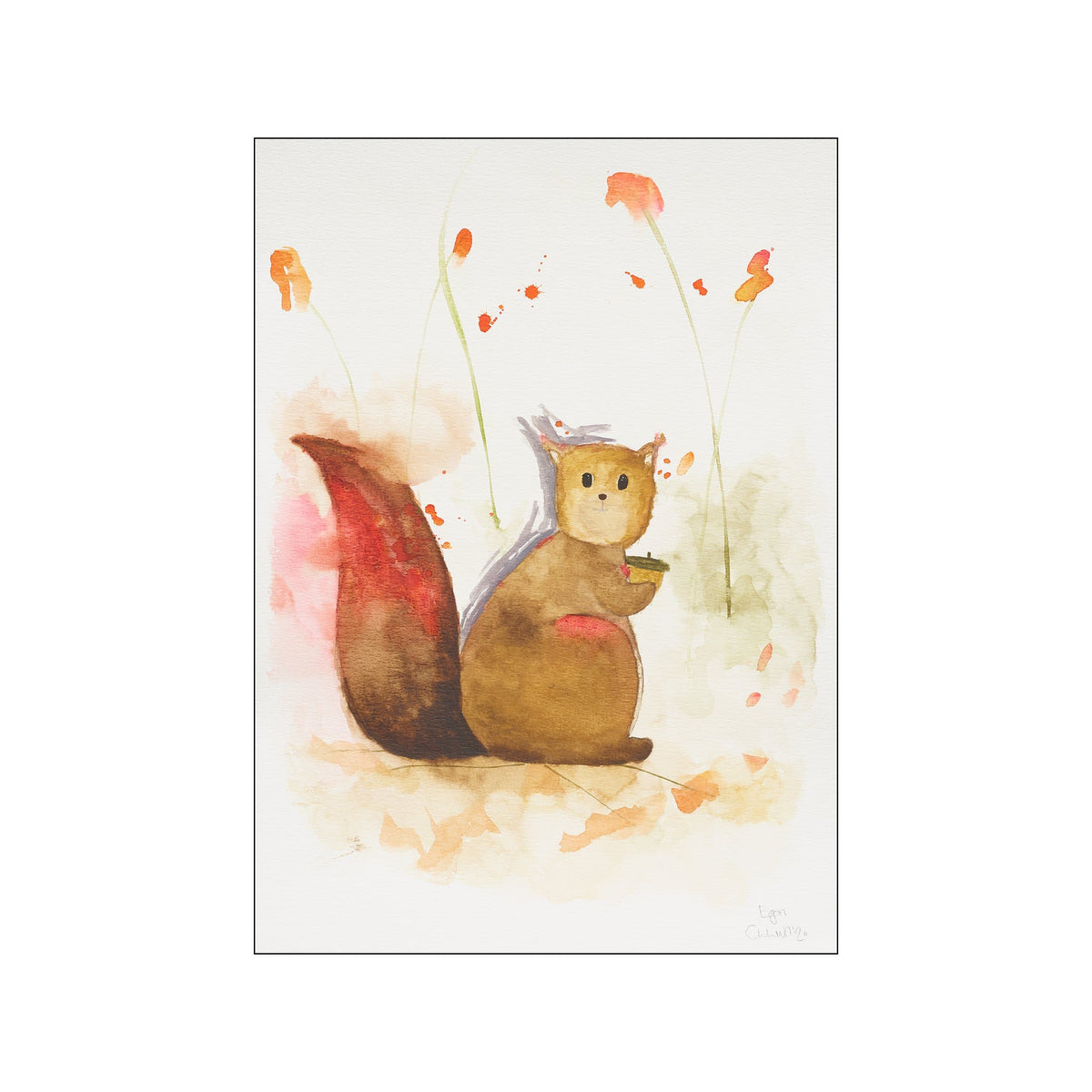 A charming watercolor illustration of a fluffy squirrel sitting with a small cup, surrounded by abstract floral shapes and soft, blended washes of brown, orange, and pink, creating a warm and gentle forest scene.
