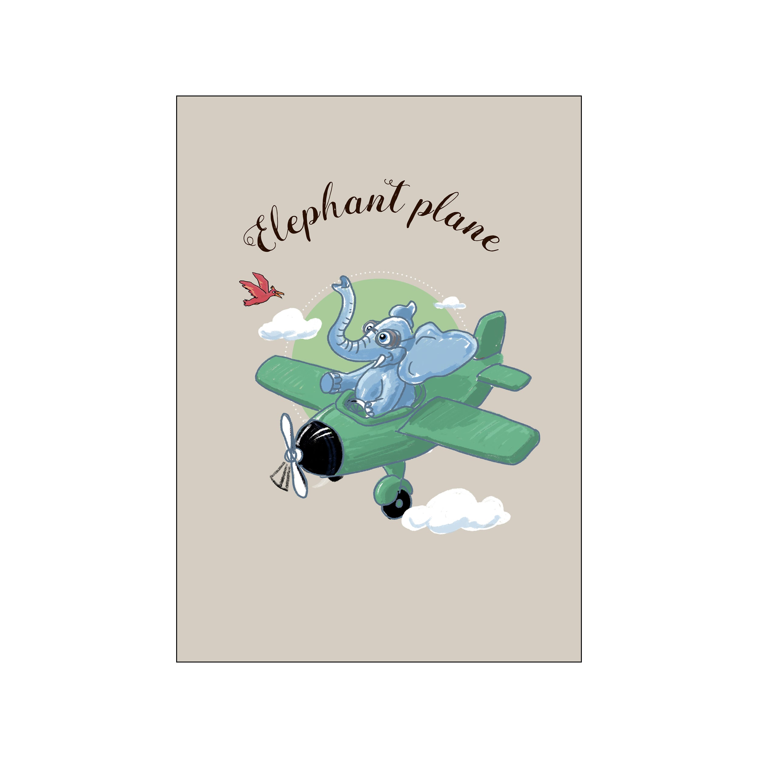 A charming illustration of a light blue elephant wearing goggles, joyfully piloting a green biplane through the sky amidst soft clouds and a tiny red bird.