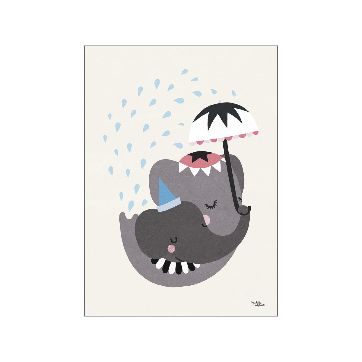 Two stylized gray elephants sharing a black and white umbrella, with light blue raindrops falling. One elephant wears a blue party hat, evoking a sense of playful joy and tenderness.