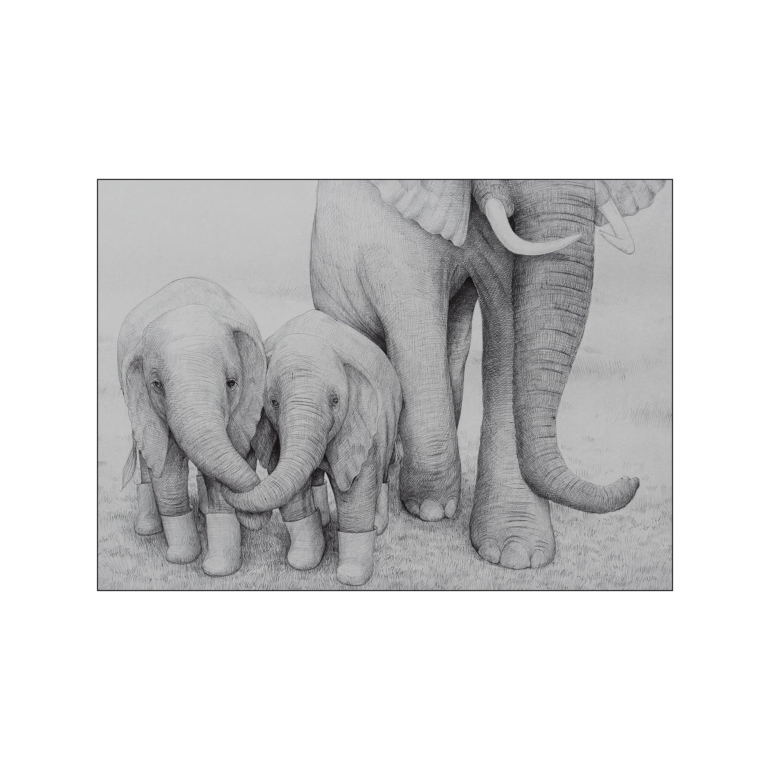 A black and white hand-drawn illustration of two small elephants standing close together, with a larger elephant's legs behind them, conveying a sense of warmth and connection.