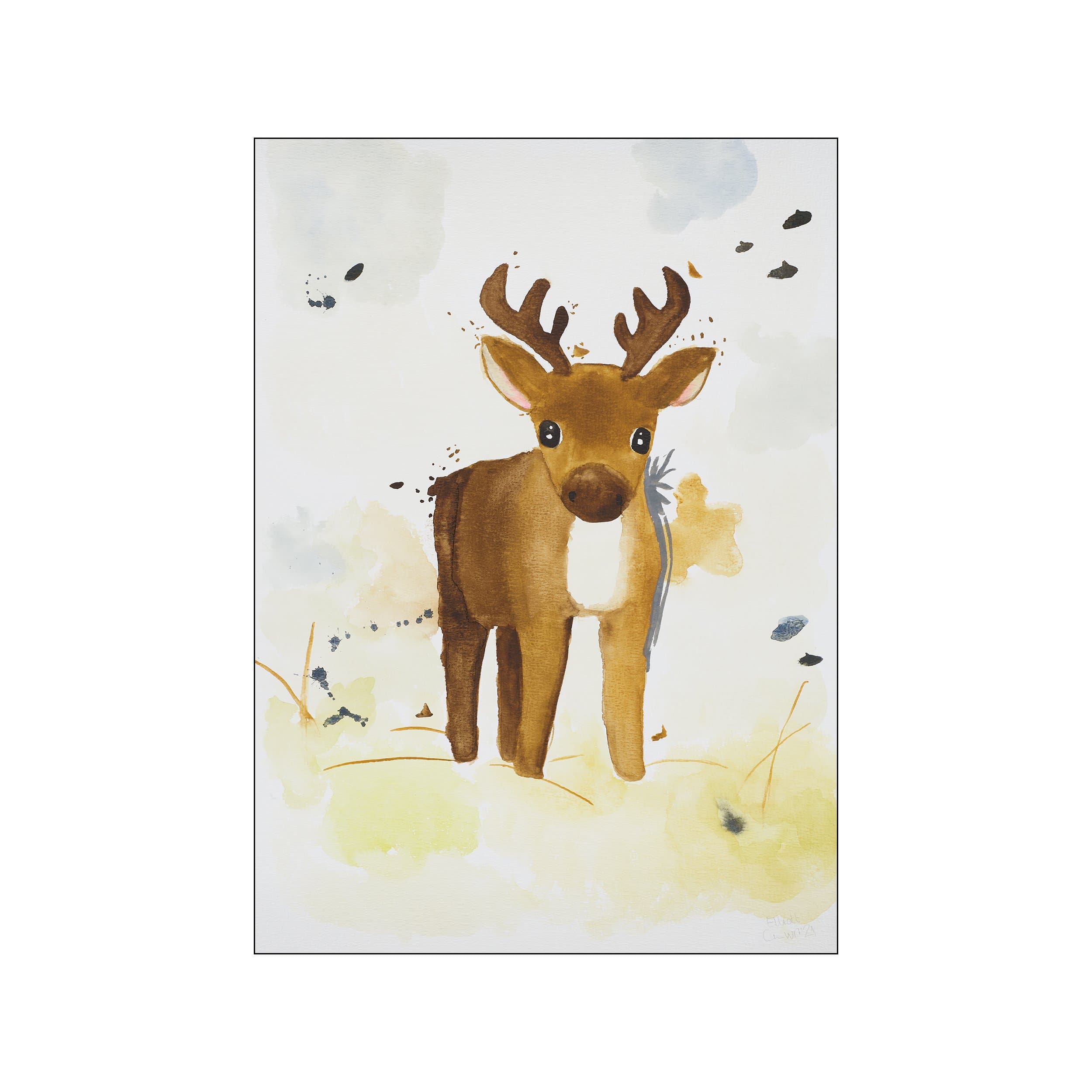 A watercolor illustration of a curious fawn with large eyes and small antlers, standing in a field of soft yellow and brown abstract shapes with blue and black splatters.