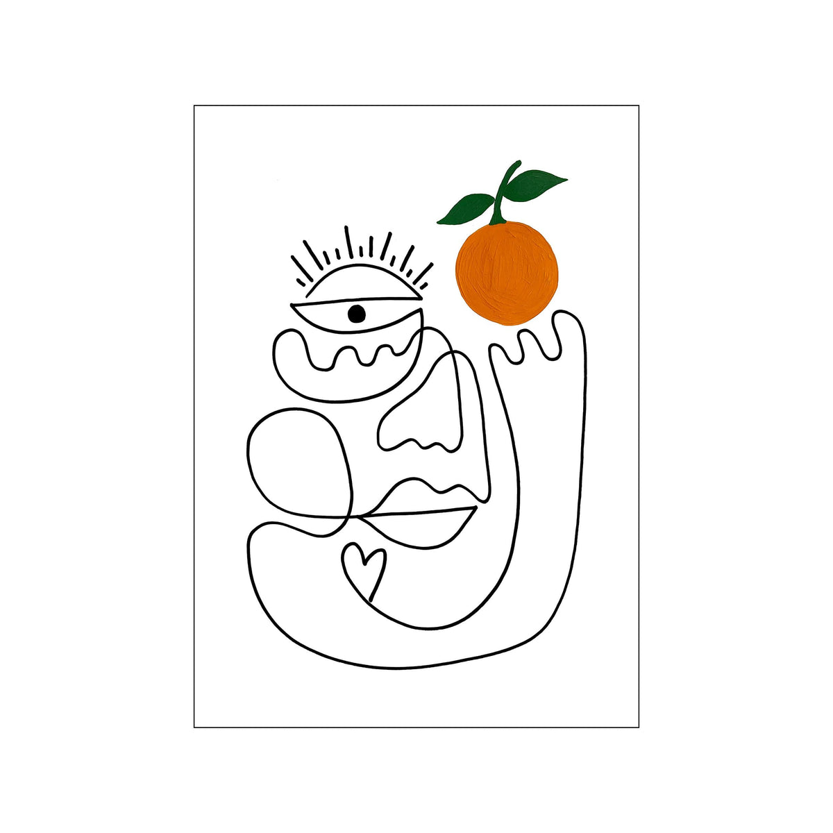 Minimal black line drawing of a face with an orange and green leaves on white background