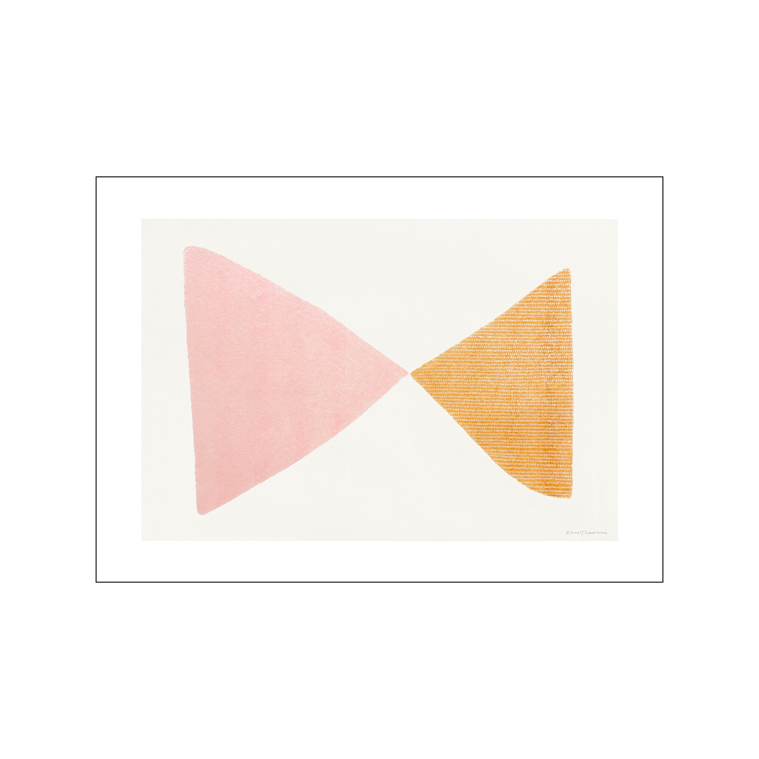 An abstract artwork featuring two interlocking triangular shapes, one in soft rose pink and the other in textured golden ochre, set against a creamy white background, evoking a sense of gentle connection.